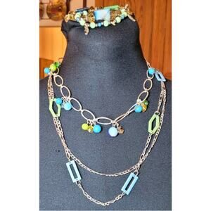 4 Pc Necklace Stretch Bracelets Jewelry Lot Blues Greens Beachy Coastal Boho